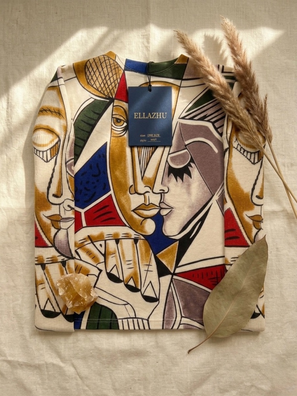 NWT Ellazhu Cubist Abstract Face Art Print Oversized Top Picasso Inspired Boho M